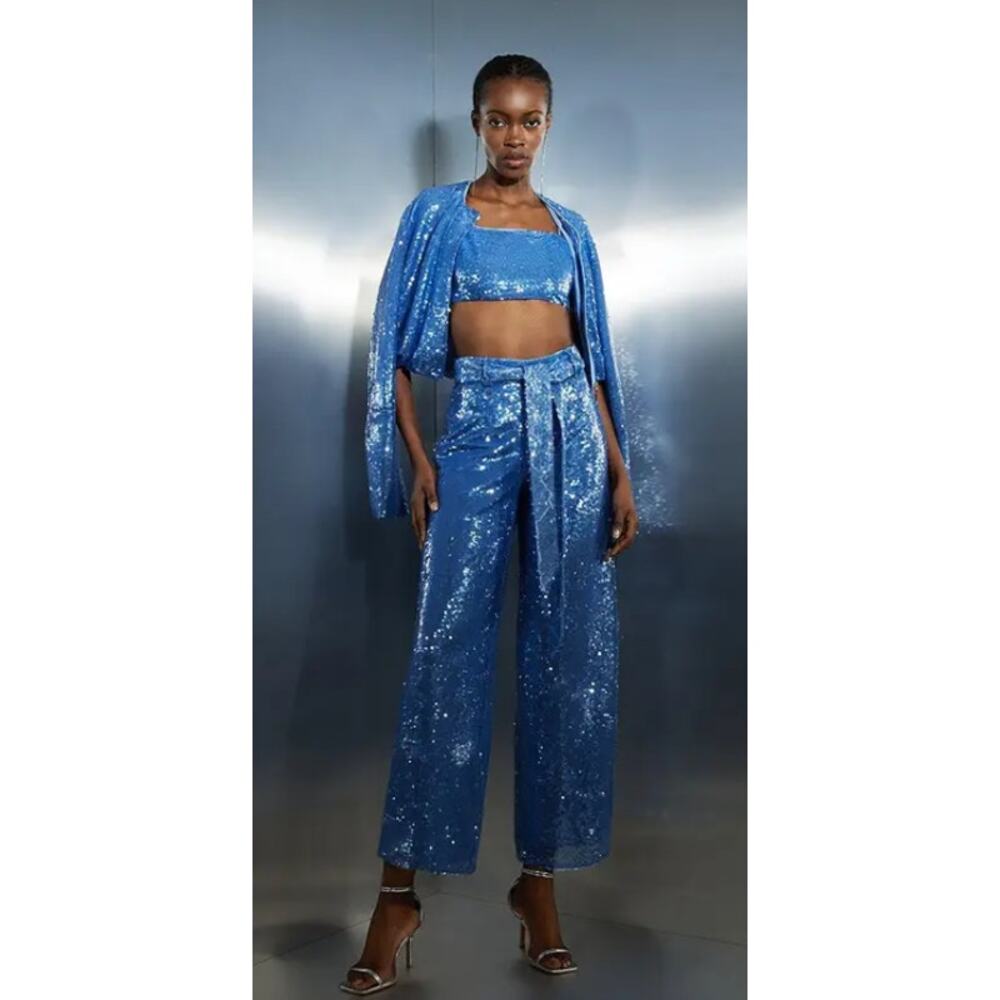 Karen Millen Blue Sequin Jacket, Crop Top, & Wide Leg Pants Set US 2